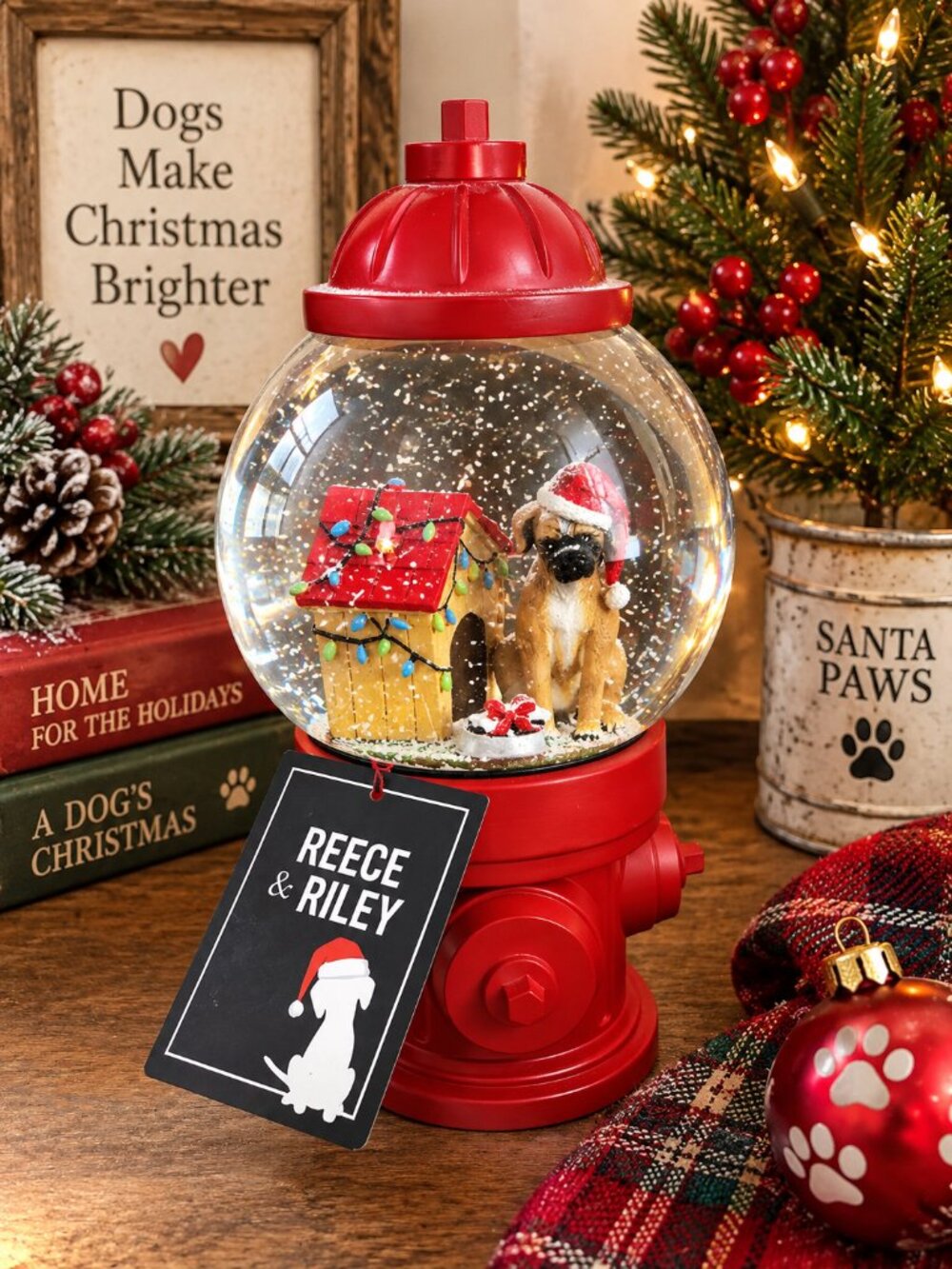 Reece & Riley Christmas Dog Snow Globe Fire Hydrant Holiday Decor NWT